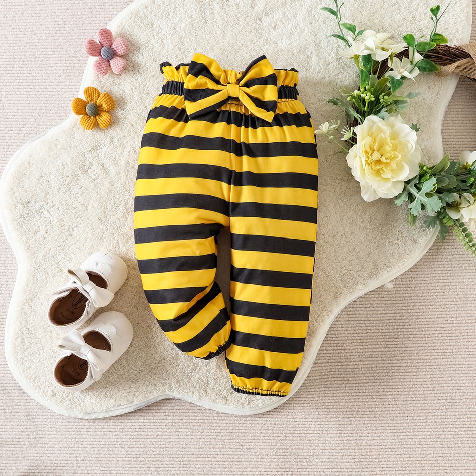 3pcs Baby Girl Bee & Letter Embroidered Rib Knit Ruffle Long-sleeve Top and Striped Pants with Headband Set Black big image 5