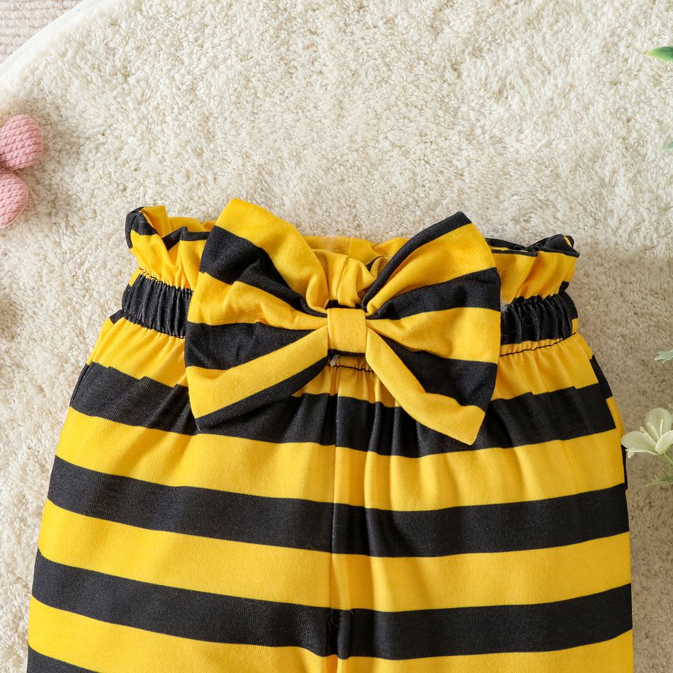 3pcs Baby Girl Bee & Letter Embroidered Rib Knit Ruffle Long-sleeve Top and Striped Pants with Headband Set Black big image 6