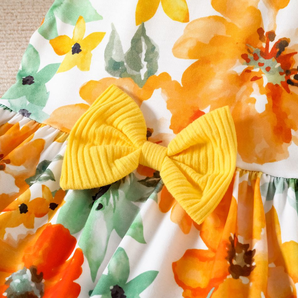 3-Pack Baby Girl 95% Cotton Rib Knit Ruffle Cardigan and Bow Front Pants and Allover Floral Print Flutter-sleeve Dress Set Yellow big image 5