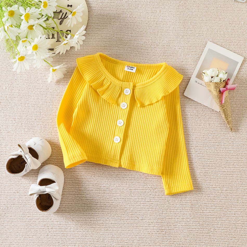 3-Pack Baby Girl 95% Cotton Rib Knit Ruffle Cardigan and Bow Front Pants and Allover Floral Print Flutter-sleeve Dress Set Yellow big image 3