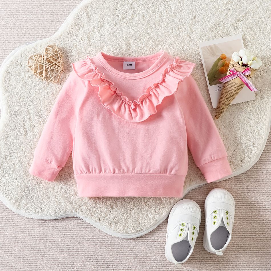 3pcs Baby Girl 95% Cotton Long-sleeve Pink Ruffle Trim Sweatshirt and Allover Heart & Letter Print Pants with Headband Set Pink big image 3