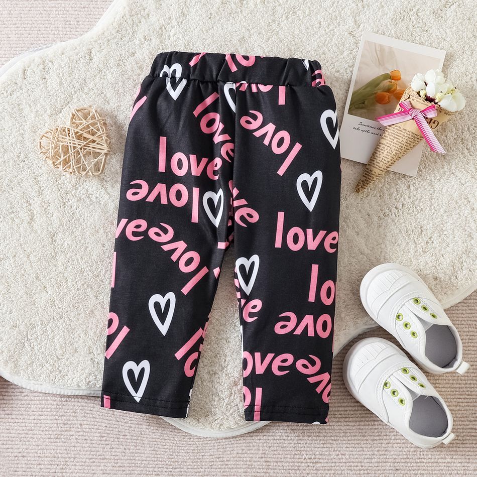3pcs Baby Girl 95% Cotton Long-sleeve Pink Ruffle Trim Sweatshirt and Allover Heart & Letter Print Pants with Headband Set Pink