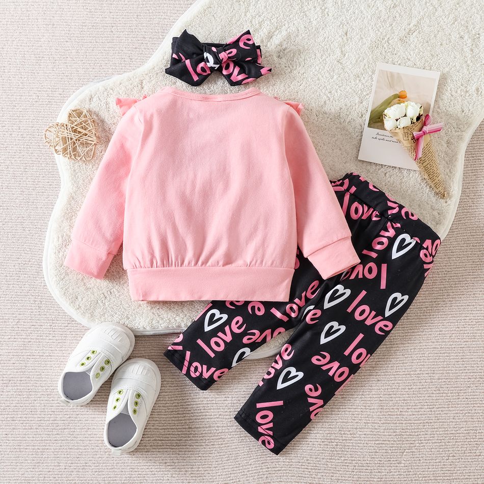 3pcs Baby Girl 95% Cotton Long-sleeve Pink Ruffle Trim Sweatshirt and Allover Heart & Letter Print Pants with Headband Set Pink big image 2