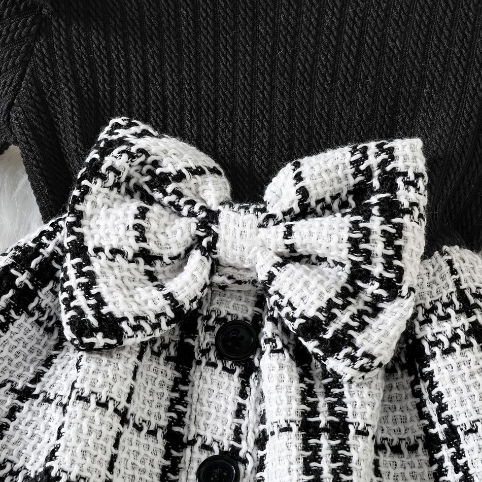 Baby Girl Solid Rib Knit Ruffle Long-sleeve Spliced Tweed Bow Front Dress Black big image 4