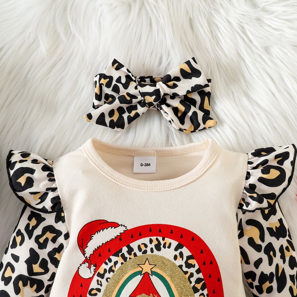 Christmas 2pcs Baby Girl 95% Cotton Long-sleeve Leopard Ruffle Spliced Xmas Tree & Rainbow Print Jumpsuit with Headband Set Apricot big image 3