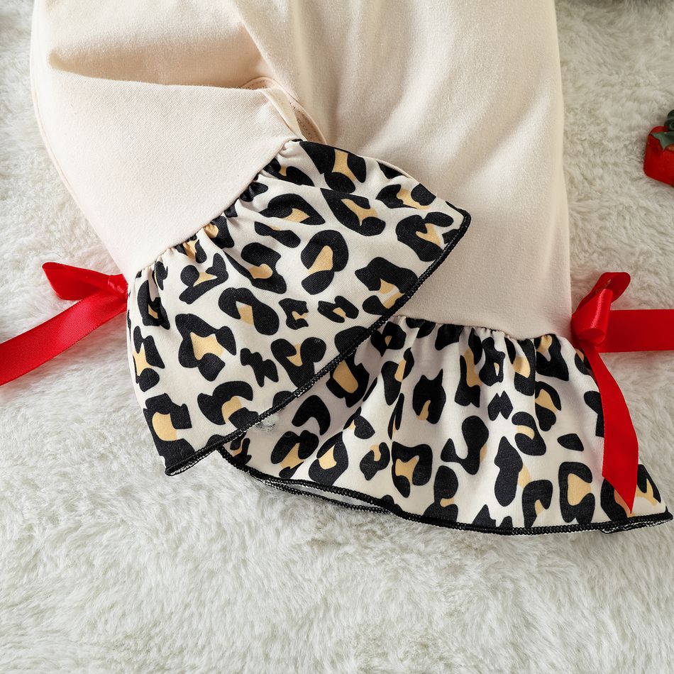 Christmas 2pcs Baby Girl 95% Cotton Long-sleeve Leopard Ruffle Spliced Xmas Tree & Rainbow Print Jumpsuit with Headband Set Apricot big image 5