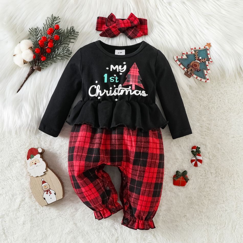Christmas 2pcs Baby Girl 95% Cotton Long-sleeve Spliced Red Plaid Graphic Jumpsuit with Headband Set redblack big image 1