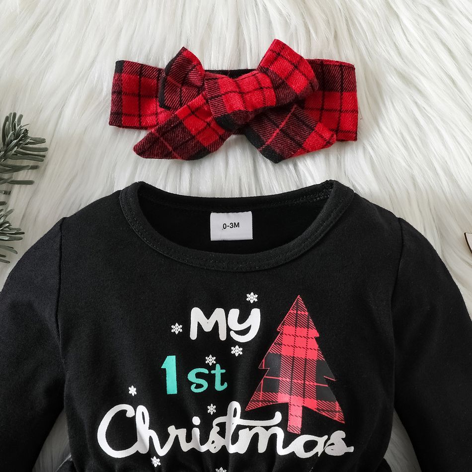 Christmas 2pcs Baby Girl 95% Cotton Long-sleeve Spliced Red Plaid Graphic Jumpsuit with Headband Set redblack big image 3