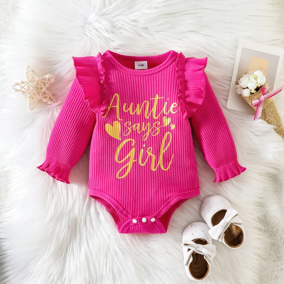 3pcs Baby Girl 95% Cotton Ribbed Ruffle Trim Letter Print Romper and Bow Front Jeans with Headband Set Hot Pink big image 3