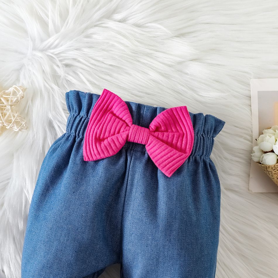3pcs Baby Girl 95% Cotton Ribbed Ruffle Trim Letter Print Romper and Bow Front Jeans with Headband Set Hot Pink big image 7