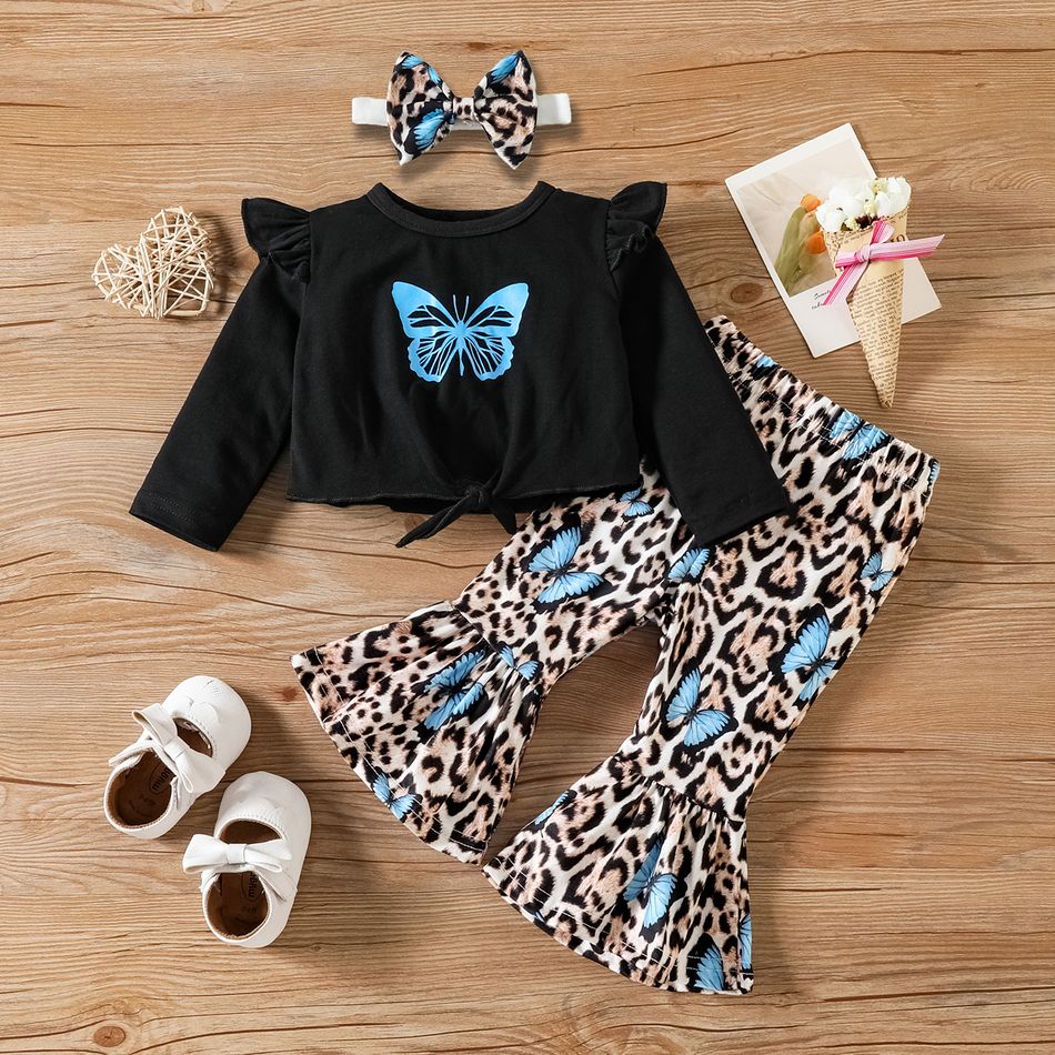 3pcs Baby Girl 95% Cotton Ruffle Long-sleeve Knot Front Crop Top and Butterfly & Leopard Print Flared Pants with Headband Set Black big image 1