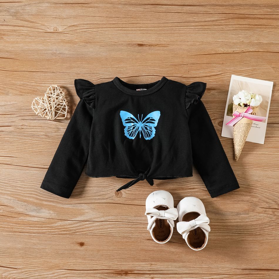 3pcs Baby Girl 95% Cotton Ruffle Long-sleeve Knot Front Crop Top and Butterfly & Leopard Print Flared Pants with Headband Set Black big image 3