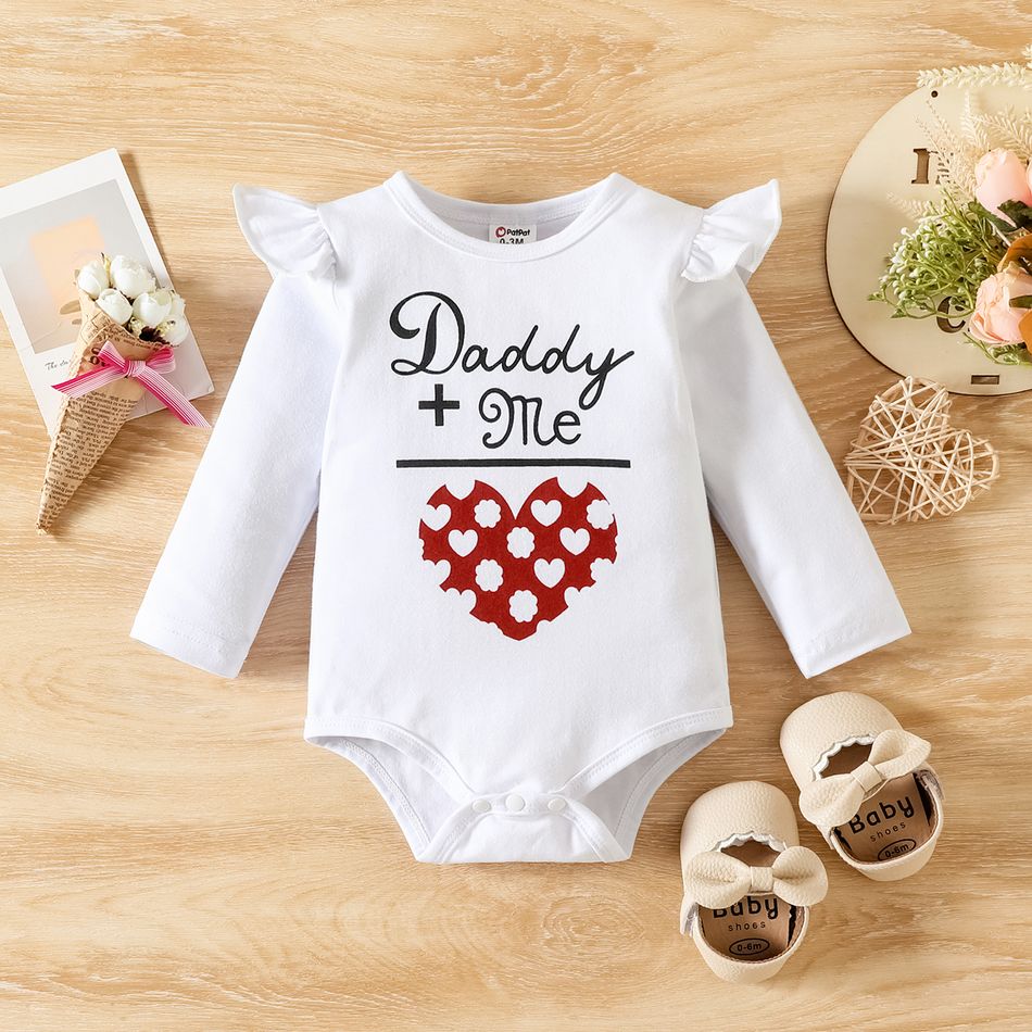 3pcs Baby Girl 95% Cotton Long-sleeve Graphic Romper and Allover Heart Print Ruffle Trim Suspender Skirt with Headband Set White big image 3
