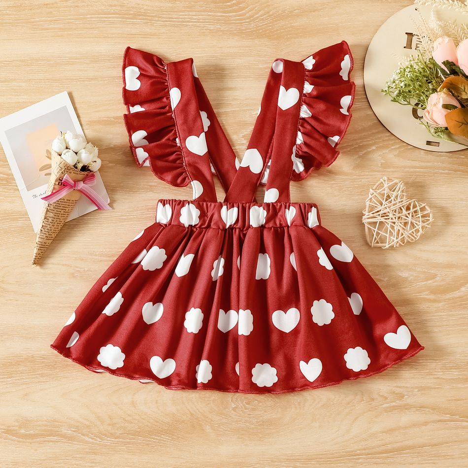3pcs Baby Girl 95% Cotton Long-sleeve Graphic Romper and Allover Heart Print Ruffle Trim Suspender Skirt with Headband Set White big image 6