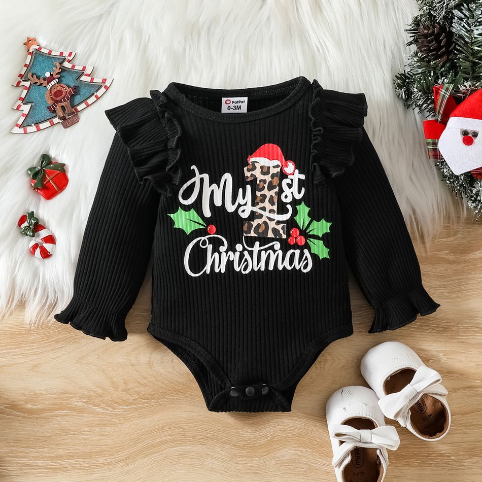 Christmas 3pcs Baby Girl 95% Cotton Ruffle Long-sleeve Letter Graphic Romper and Allover Santa & Leopard Print Pants with Headband Set Black big image 3