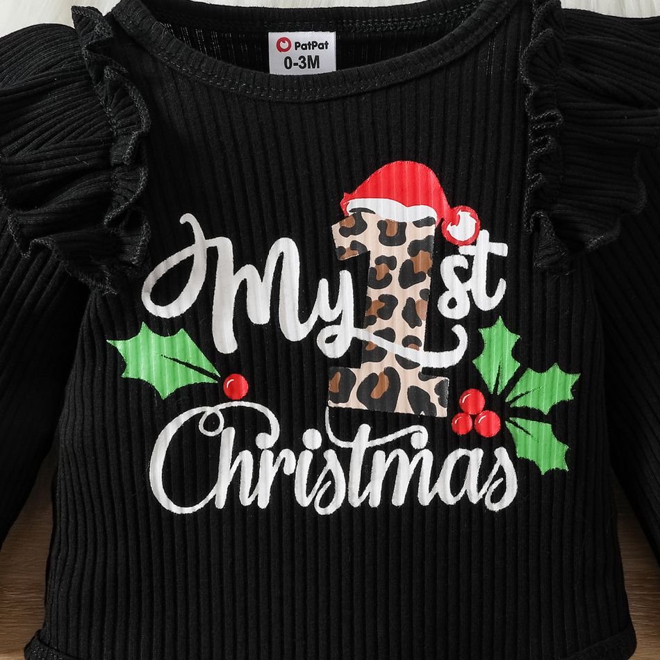 Christmas 3pcs Baby Girl 95% Cotton Ruffle Long-sleeve Letter Graphic Romper and Allover Santa & Leopard Print Pants with Headband Set Black big image 5