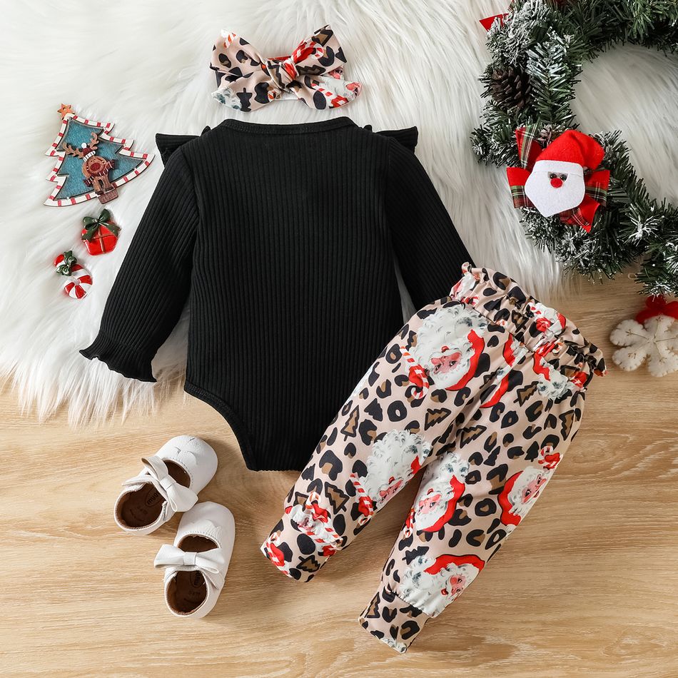 Christmas 3pcs Baby Girl 95% Cotton Ruffle Long-sleeve Letter Graphic Romper and Allover Santa & Leopard Print Pants with Headband Set Black big image 2