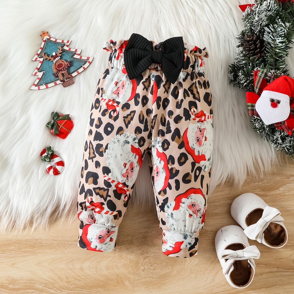 Christmas 3pcs Baby Girl 95% Cotton Ruffle Long-sleeve Letter Graphic Romper and Allover Santa & Leopard Print Pants with Headband Set Black big image 4