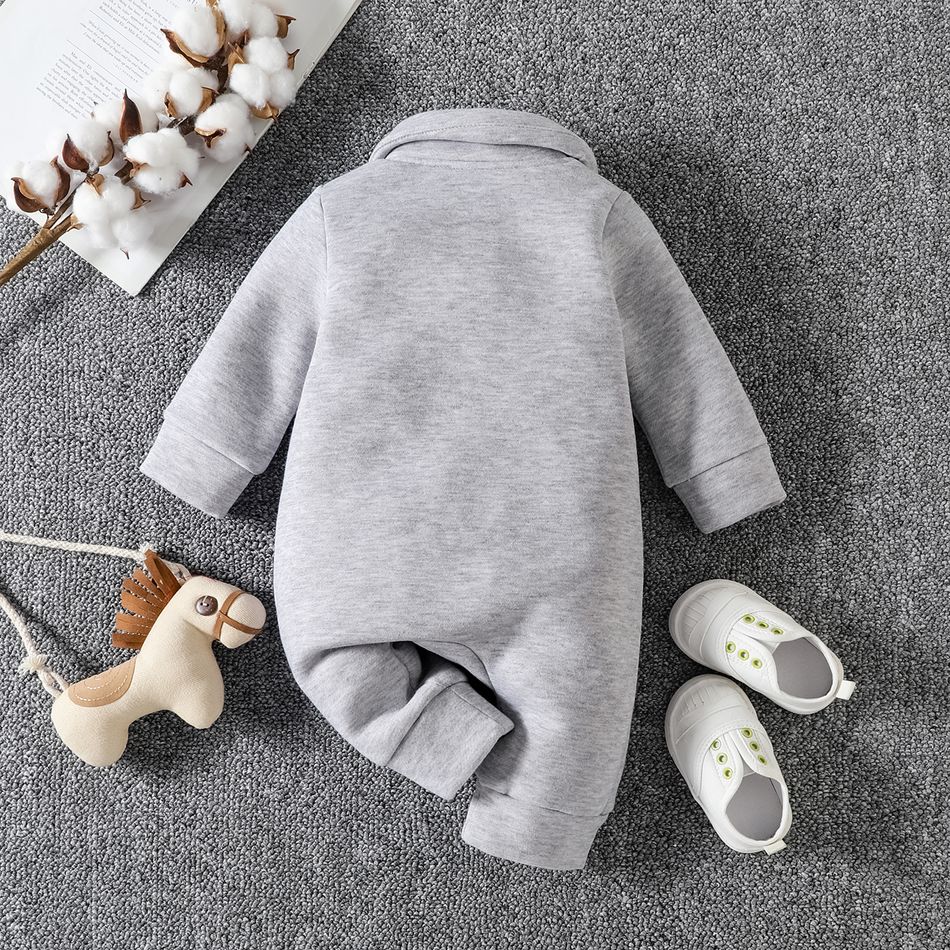 Baby Boy/Girl Fleece Lined Grey Lapel Collar Long-sleeve Zipper Jumpsuit Lightgrey big image 2
