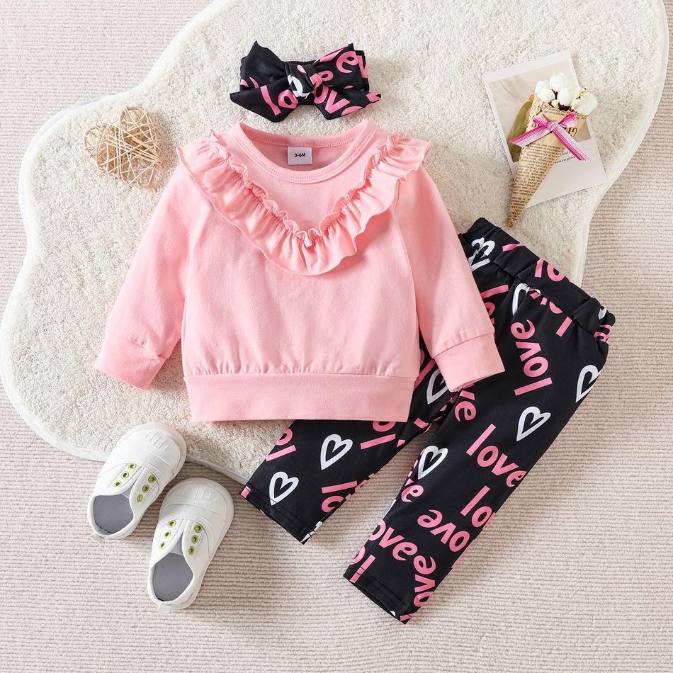 3pcs Baby Girl 95% Cotton Long-sleeve Pink Ruffle Trim Sweatshirt and Allover Heart & Letter Print Pants with Headband Set Pink big image 1