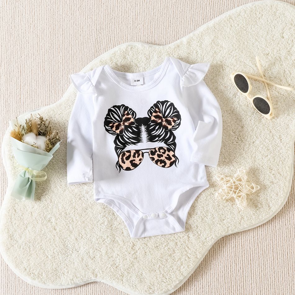 3pcs Baby Girl 100% Cotton Solid Spliced Leopard Ruffle Flared Pants and Figure Print Long-sleeve Romper with Headband Set Blue big image 3