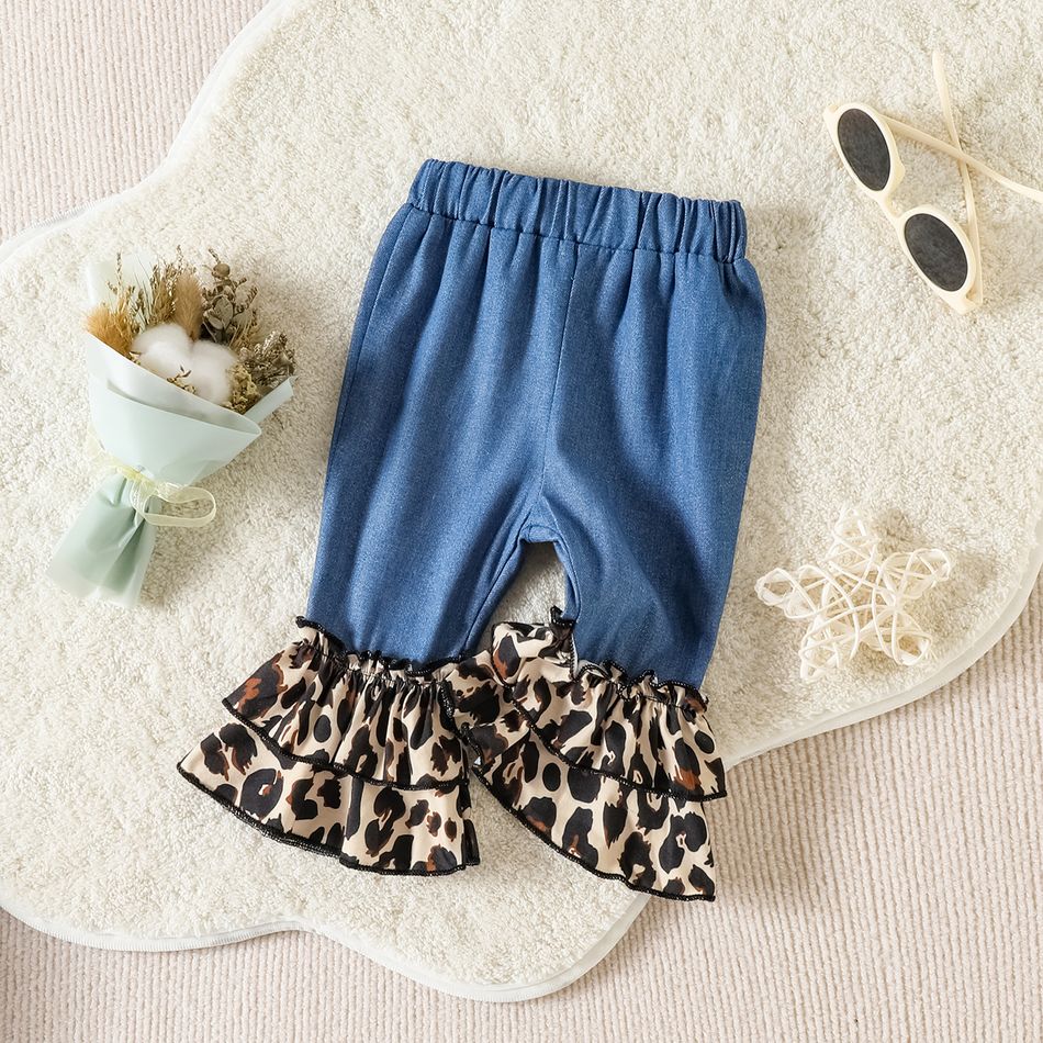 3pcs Baby Girl 100% Cotton Solid Spliced Leopard Ruffle Flared Pants and Figure Print Long-sleeve Romper with Headband Set Blue big image 4