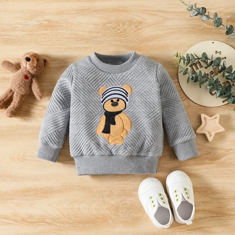 2pcs Baby Boy Bear Embroidered Grey Thickened Textured Long-sleeve Sweatshirt and Sweatpants Set Lightgrey big image 3