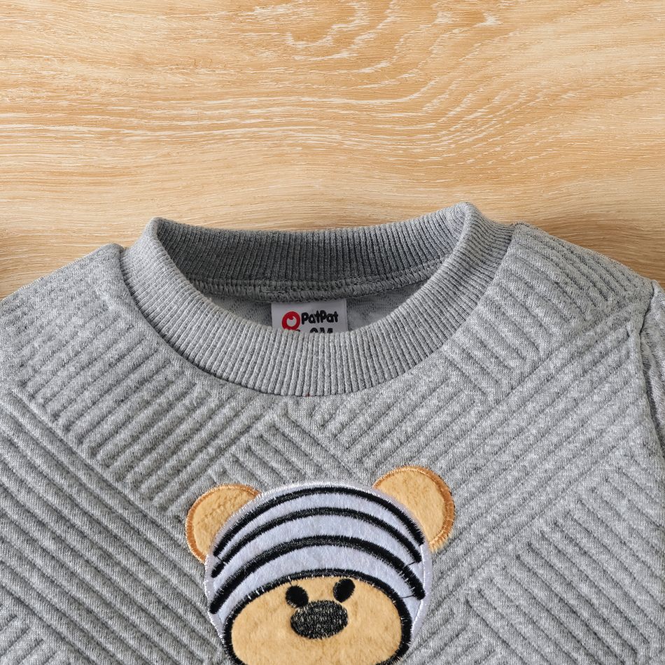 2pcs Baby Boy Bear Embroidered Grey Thickened Textured Long-sleeve Sweatshirt and Sweatpants Set Lightgrey big image 4