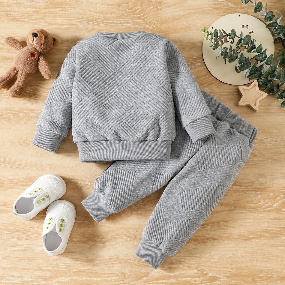 2pcs Baby Boy Bear Embroidered Grey Thickened Textured Long-sleeve Sweatshirt and Sweatpants Set Lightgrey big image 2