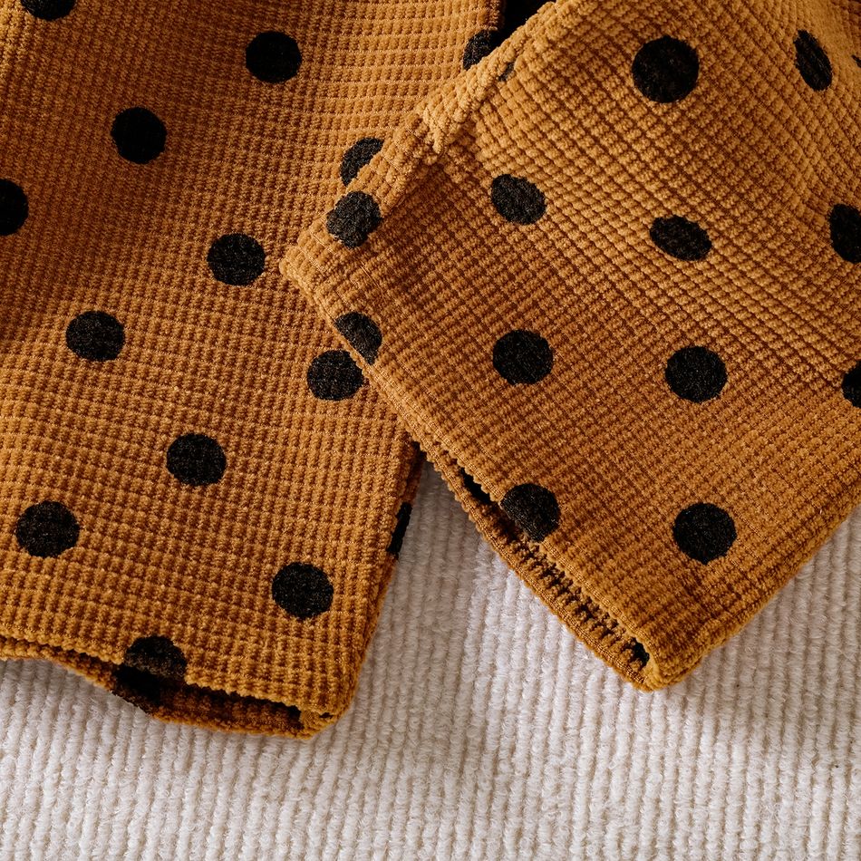 Baby Girl Polka Dot Print Brown Corduroy Ruffle Trim Bow Front Overalls Brown big image 5