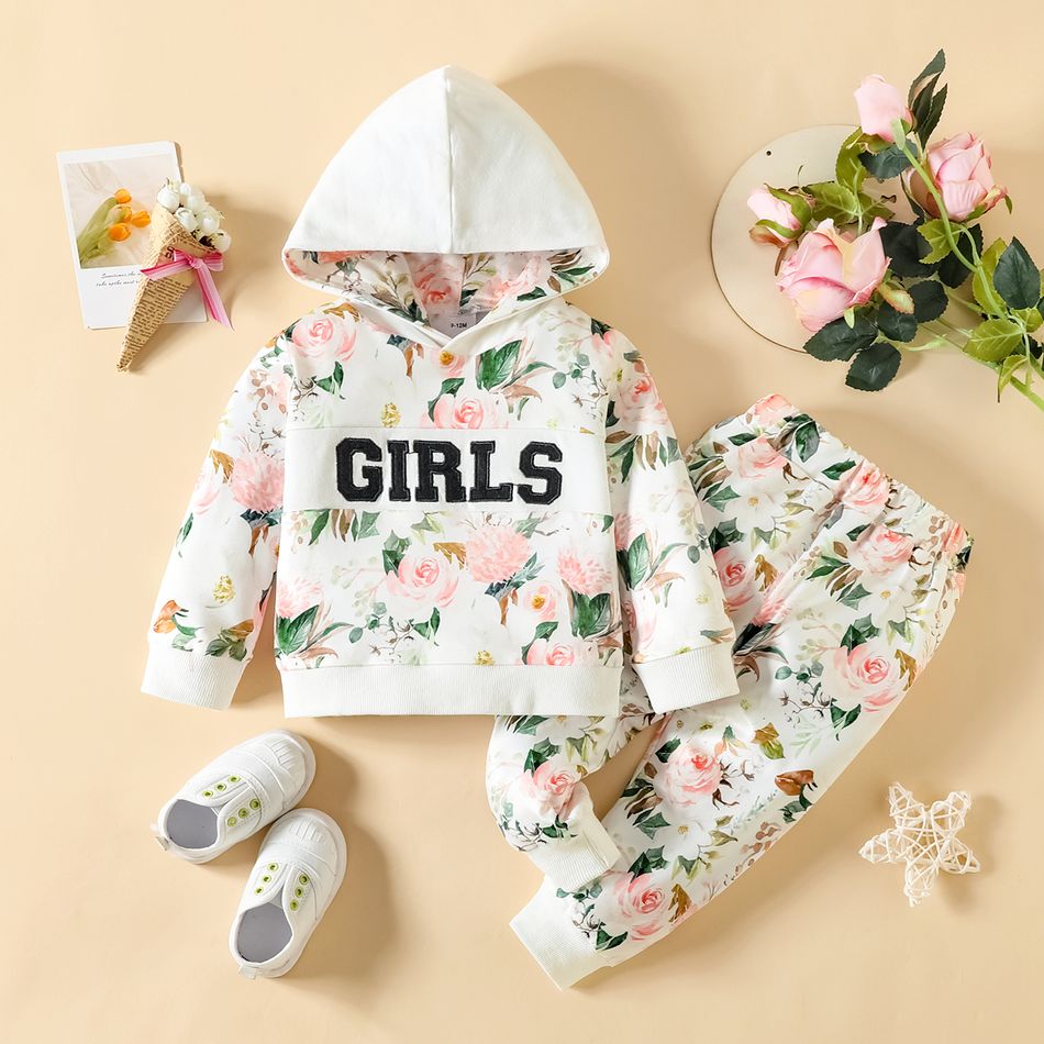 2pcs Baby Girl Letter Embroidered Allover Floral Print Long-sleeve Hoodie and Sweatpants Set PinkyWhite big image 1