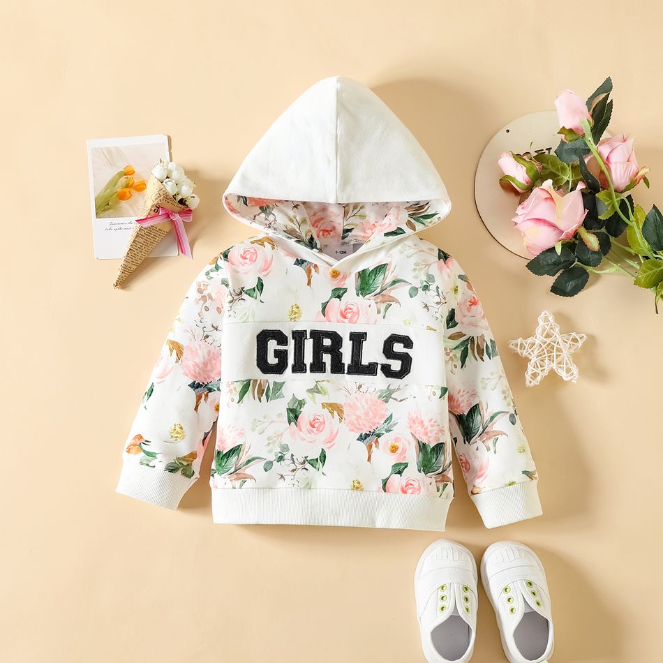 2pcs Baby Girl Letter Embroidered Allover Floral Print Long-sleeve Hoodie and Sweatpants Set PinkyWhite big image 3