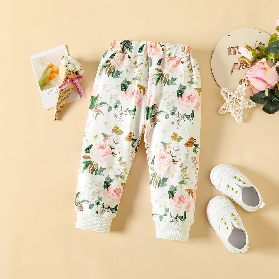 2pcs Baby Girl Letter Embroidered Allover Floral Print Long-sleeve Hoodie and Sweatpants Set PinkyWhite big image 5