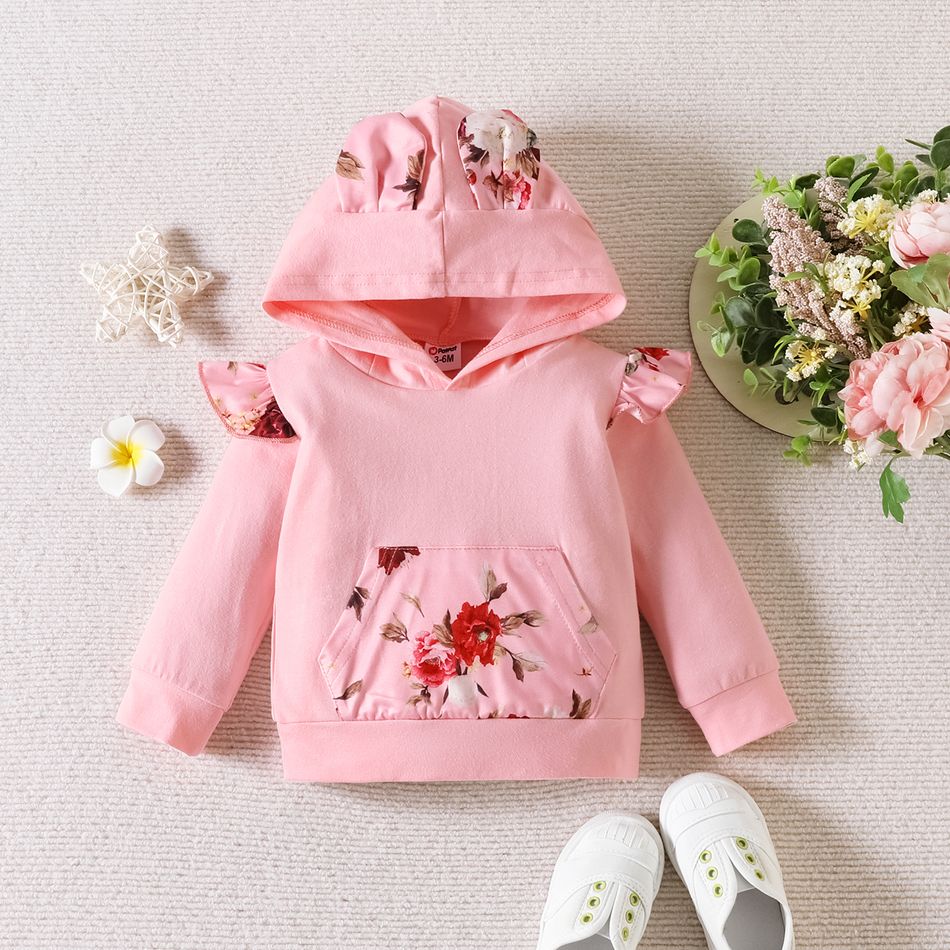 2pcs Baby Girl 95% Cotton Pink Floral Print 3D Ears Hoodie and Layered Ruffle Trim Pants Set Pink big image 3