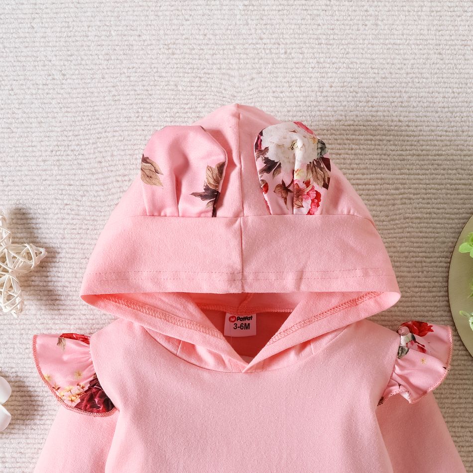 2pcs Baby Girl 95% Cotton Pink Floral Print 3D Ears Hoodie and Layered Ruffle Trim Pants Set Pink big image 4