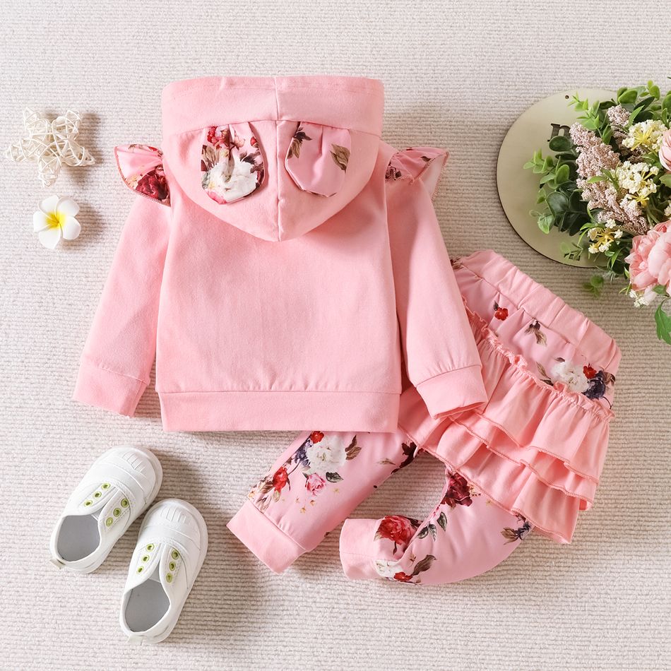 2pcs Baby Girl 95% Cotton Pink Floral Print 3D Ears Hoodie and Layered Ruffle Trim Pants Set Pink big image 2