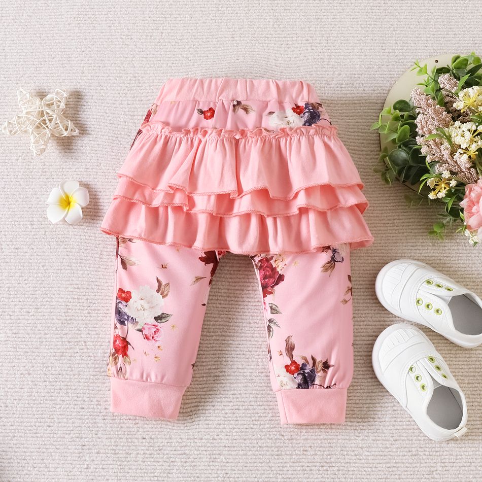 2pcs Baby Girl 95% Cotton Pink Floral Print 3D Ears Hoodie and Layered Ruffle Trim Pants Set Pink