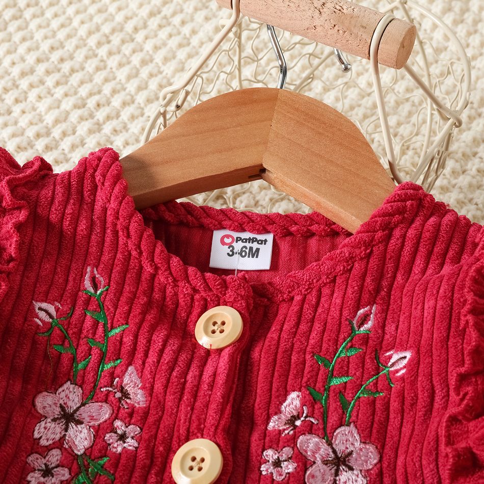 Baby Girl Floral Embroidered Ruffle Trim Long-sleeve Button Front Corduroy Dress WineRed big image 3