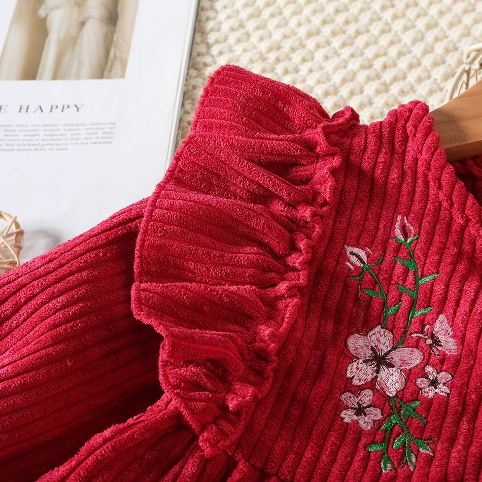 Baby Girl Floral Embroidered Ruffle Trim Long-sleeve Button Front Corduroy Dress WineRed big image 4