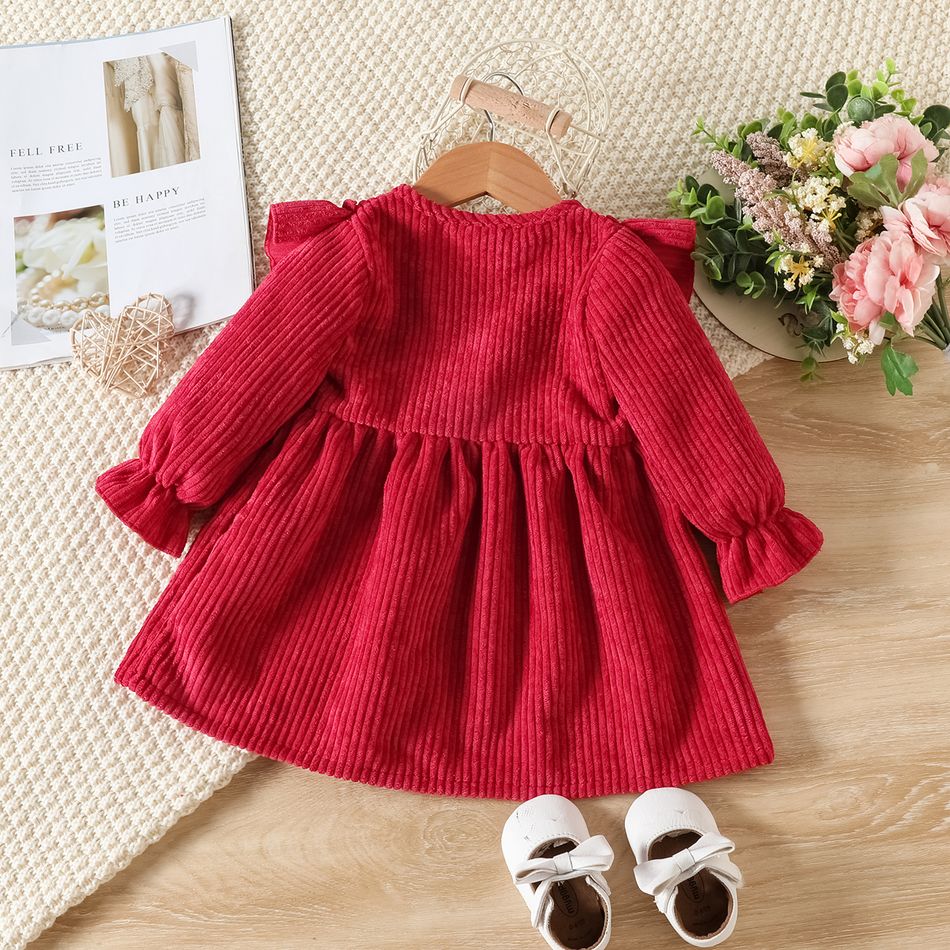 Baby Girl Floral Embroidered Ruffle Trim Long-sleeve Button Front Corduroy Dress WineRed big image 2