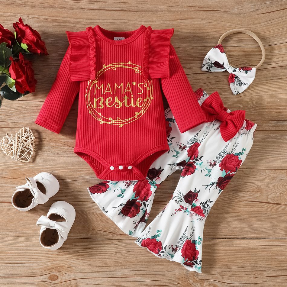 3pcs Baby Girl 95% Cotton Letter Print Ruffle Trim Long-sleeve Ribbed Romper and Floral Print Flared Pants with Headband Set Burgundy