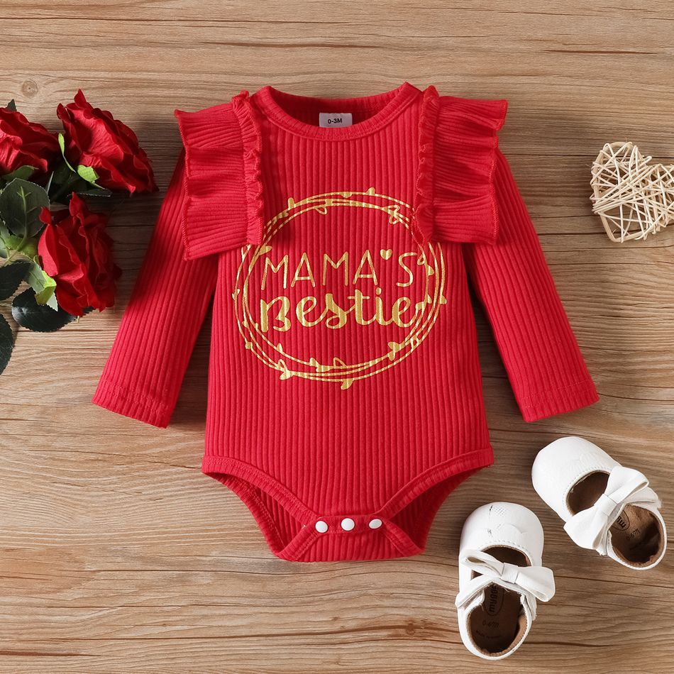 3pcs Baby Girl 95% Cotton Letter Print Ruffle Trim Long-sleeve Ribbed Romper and Floral Print Flared Pants with Headband Set Burgundy big image 3