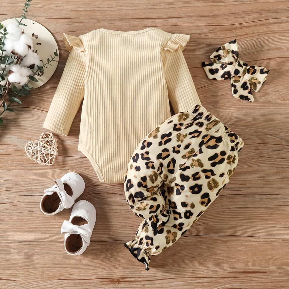 3pcs Baby Girl 95% Cotton Ribbed Ruffle Long-sleeve Heart & Letter Embroidered Romper and Leopard Pants with Headband Set Apricot big image 2