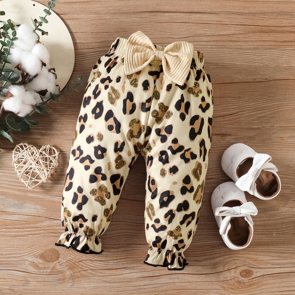 3pcs Baby Girl 95% Cotton Ribbed Ruffle Long-sleeve Heart & Letter Embroidered Romper and Leopard Pants with Headband Set Apricot big image 6
