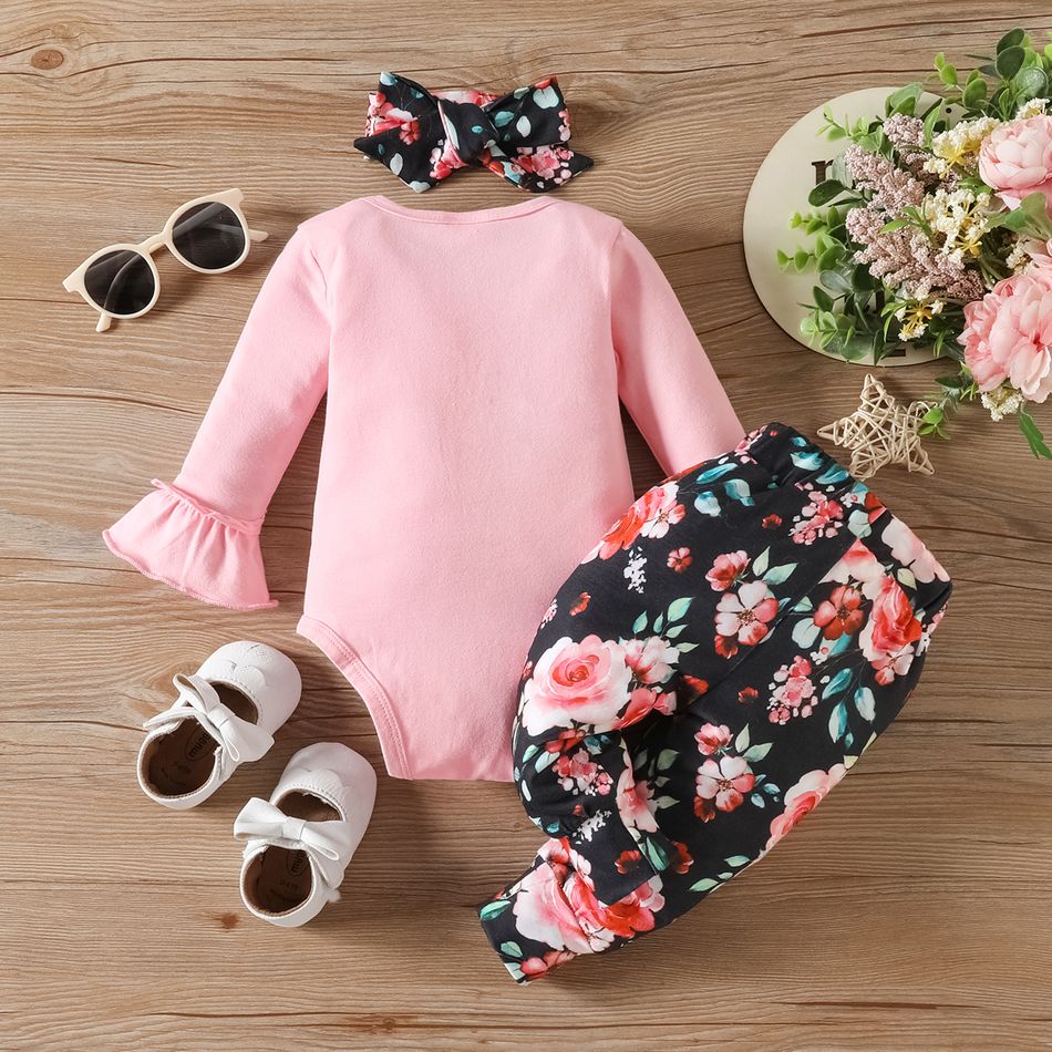 3pcs Baby Girl 95% Cotton Letter Graphic Flare-sleeve Romper and Floral Print Bow Front Pants with Headband Set Pink big image 2