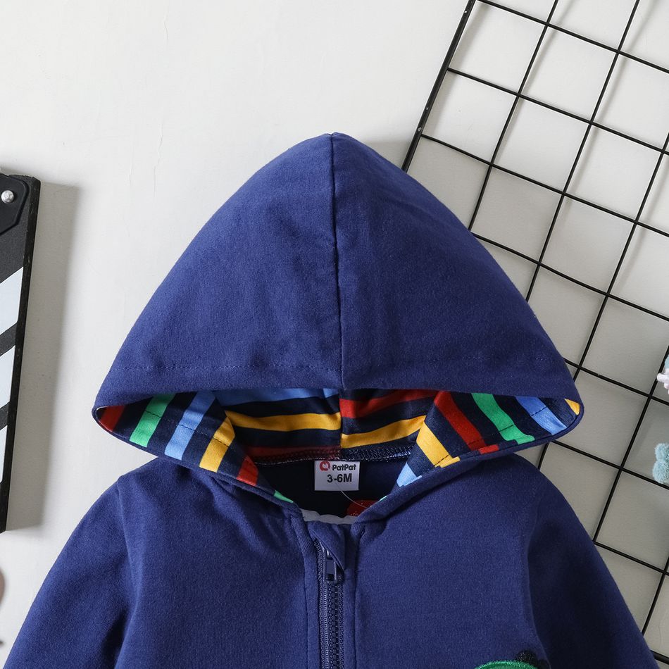 Baby Boy 95% Cotton Striped Lined Hooded Long-sleeve Dinosaur Embroidered Zipper Jacket Deep Blue big image 3