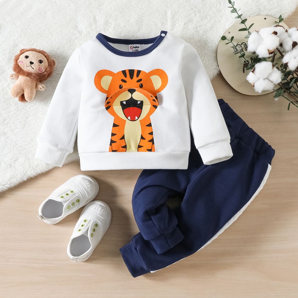 2pcs Baby Boy Tiger Print Long-sleeve Sweatshirt and Sweatpants Set OffWhite big image 1