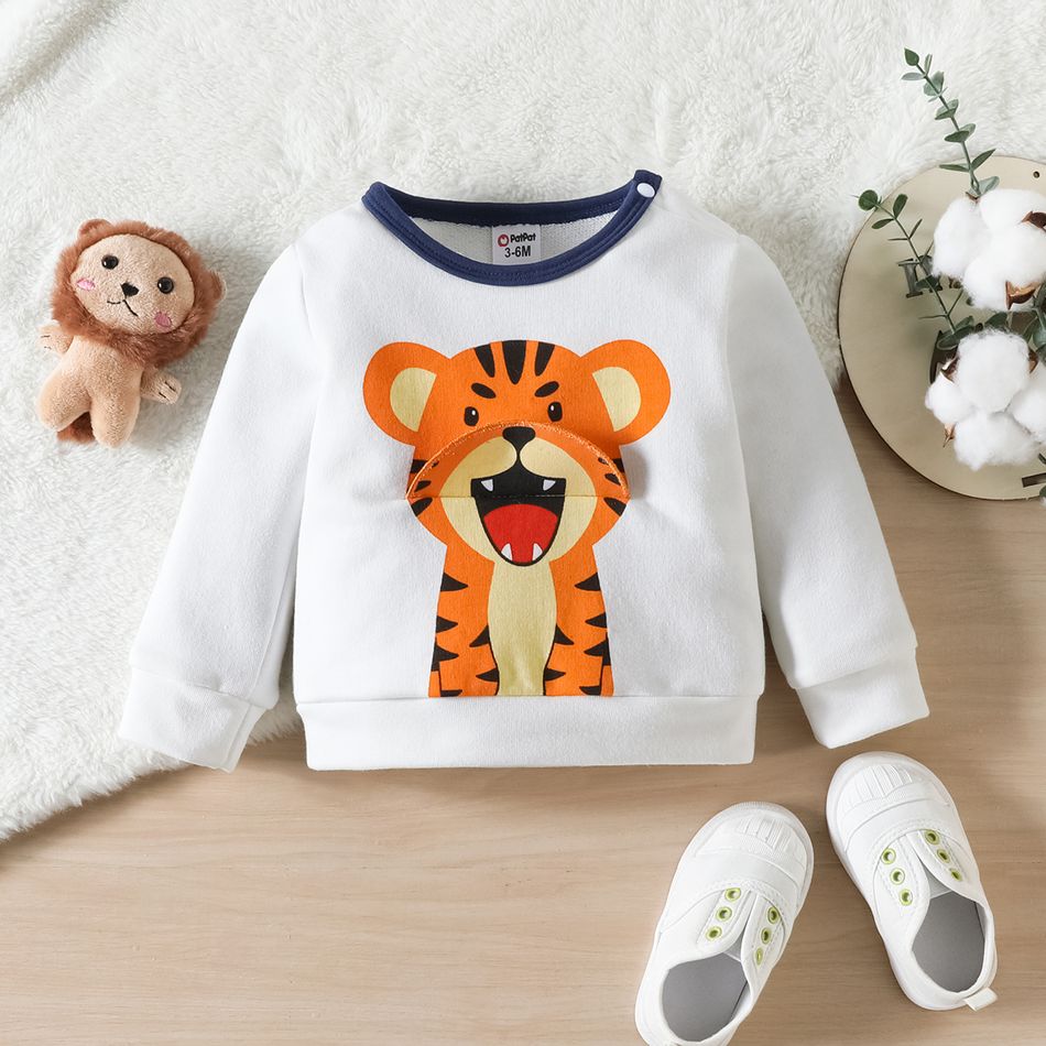 2pcs Baby Boy Tiger Print Long-sleeve Sweatshirt and Sweatpants Set OffWhite big image 3