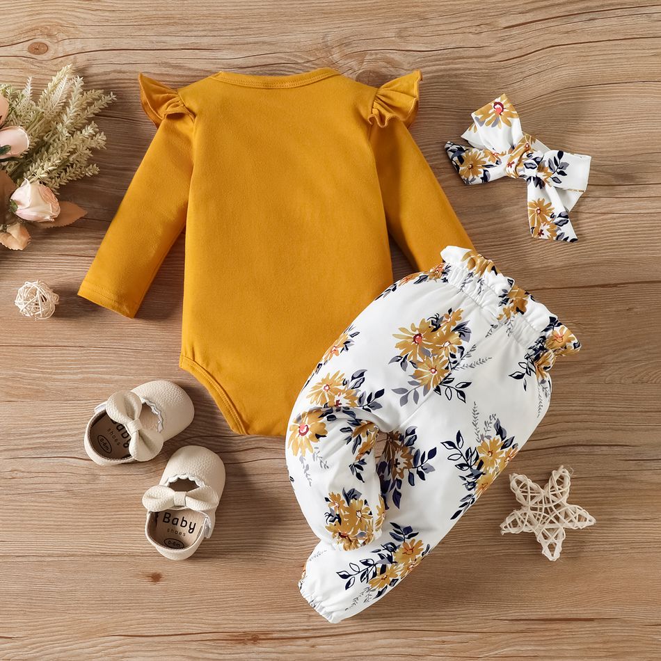 3pcs Baby Girl 95% Cotton Ruffle Long-sleeve Letter Graphic Romper and Bow Front Floral Print Pants with Headband Set Brown big image 2