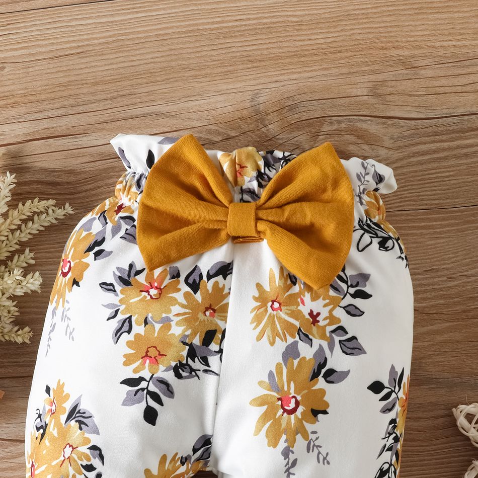 3pcs Baby Girl 95% Cotton Ruffle Long-sleeve Letter Graphic Romper and Bow Front Floral Print Pants with Headband Set Brown big image 7